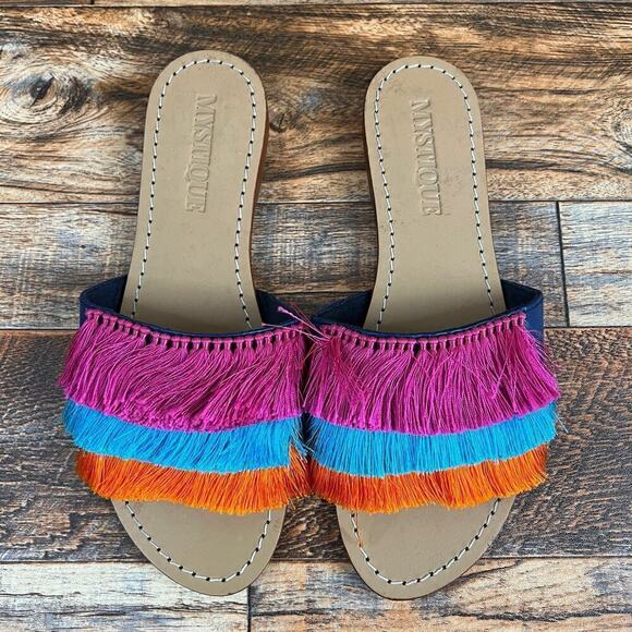 Mystique Caracas Slide Sandals Women's 9 Leather Fringe Shoe Summer Unique Fun - Picture 6 of 9